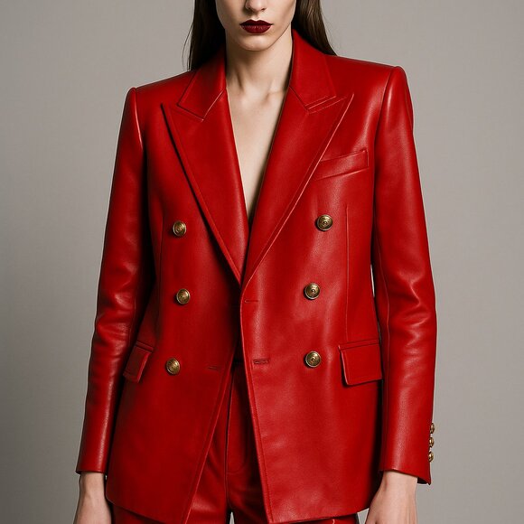 YSL Saint Laurent Red Leather Blazer Jacket Matching Shorts Suit Set Women Small - Picture 2 of 15